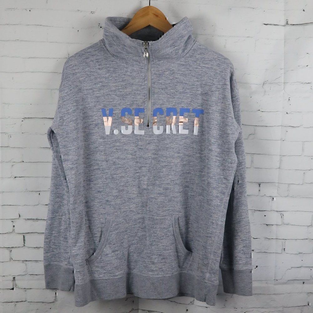 VICTORIA'S SECRET BLUE HEATHER HALF ZIP UP PULLOVER LOGO SWEATSHIRT SIZE SMALL